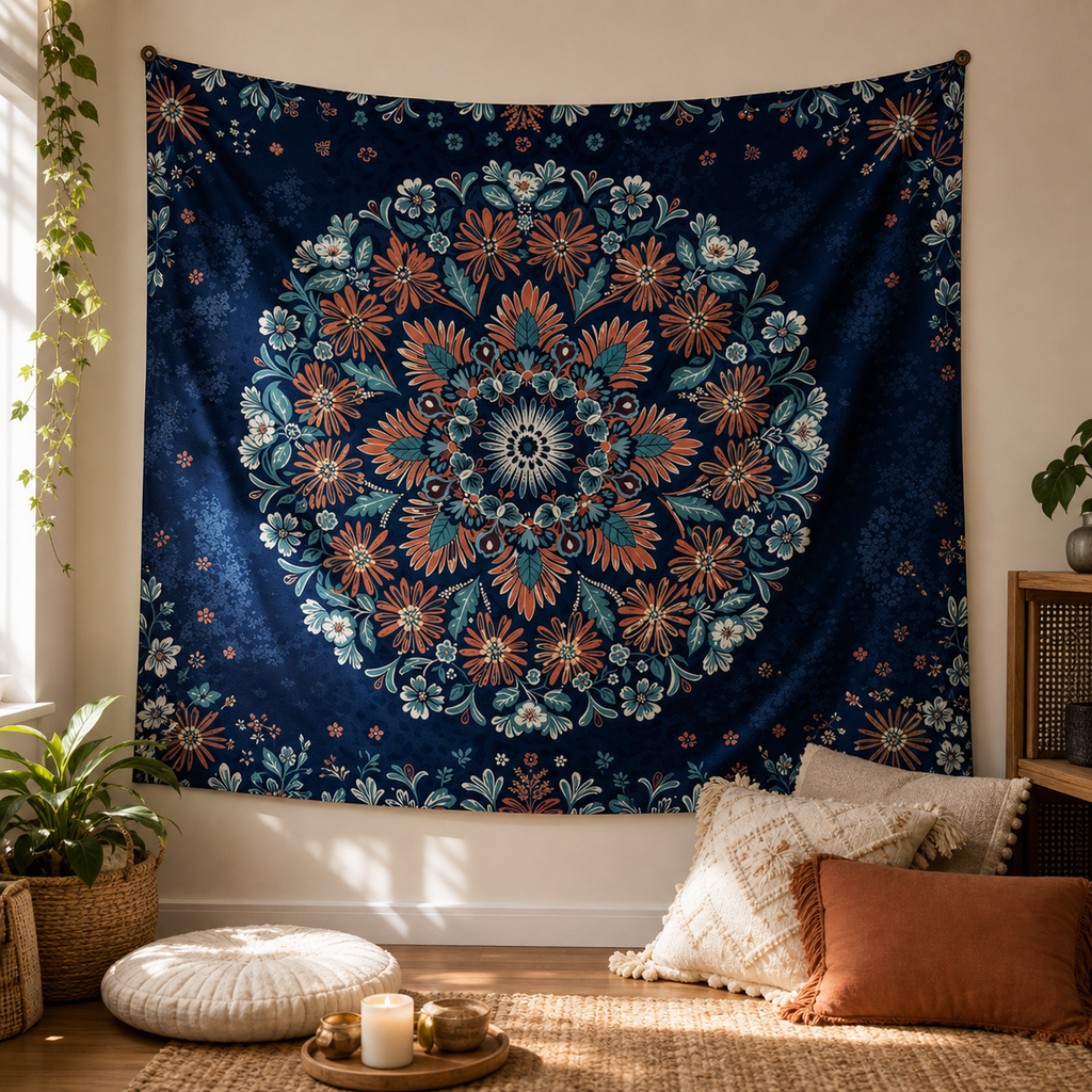Cozy Haven Navy Floral Mandala Tapestry - reading corner wall view