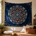 Cozy Haven Navy Floral Mandala Tapestry - reading corner wall view
