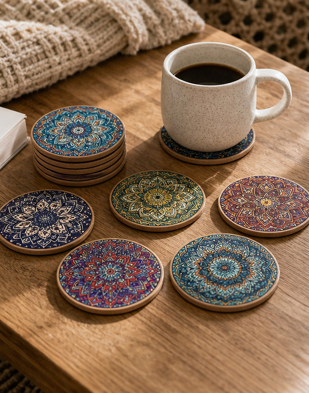 Cozy Haven Mandala Wooden Coaster Set lifestyle image 1