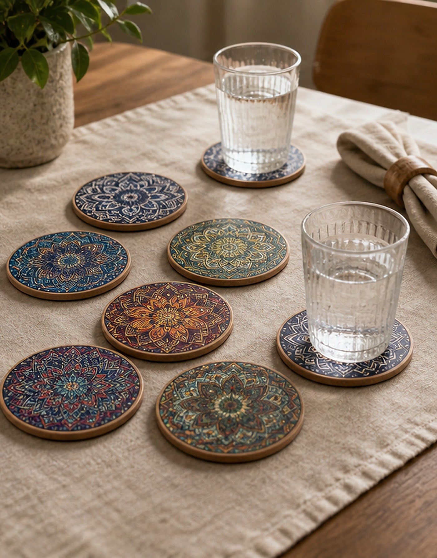 Cozy Haven Mandala Wooden Coaster Set lifestyle image 2