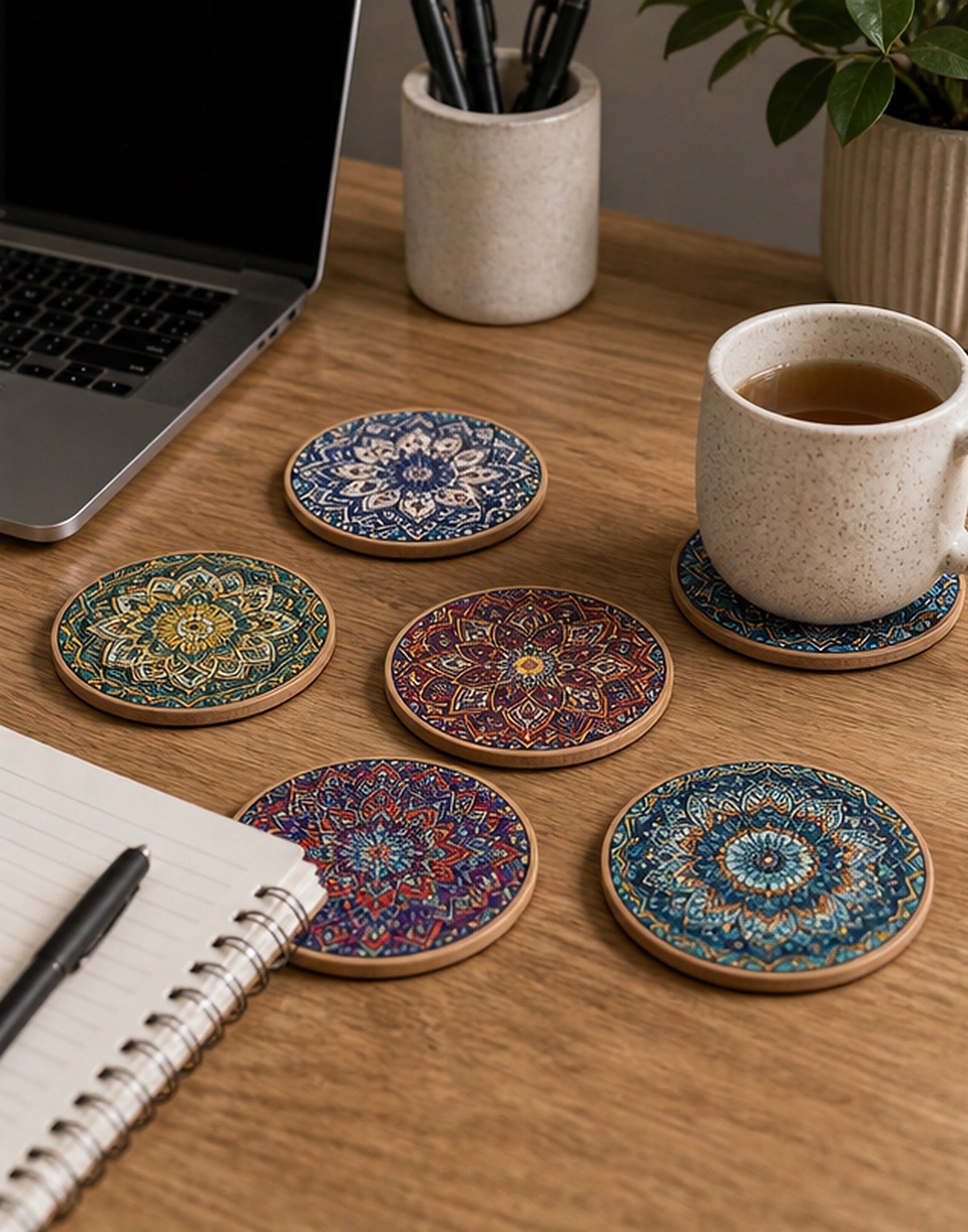 Cozy Haven Mandala Wooden Coaster Set lifestyle image 3