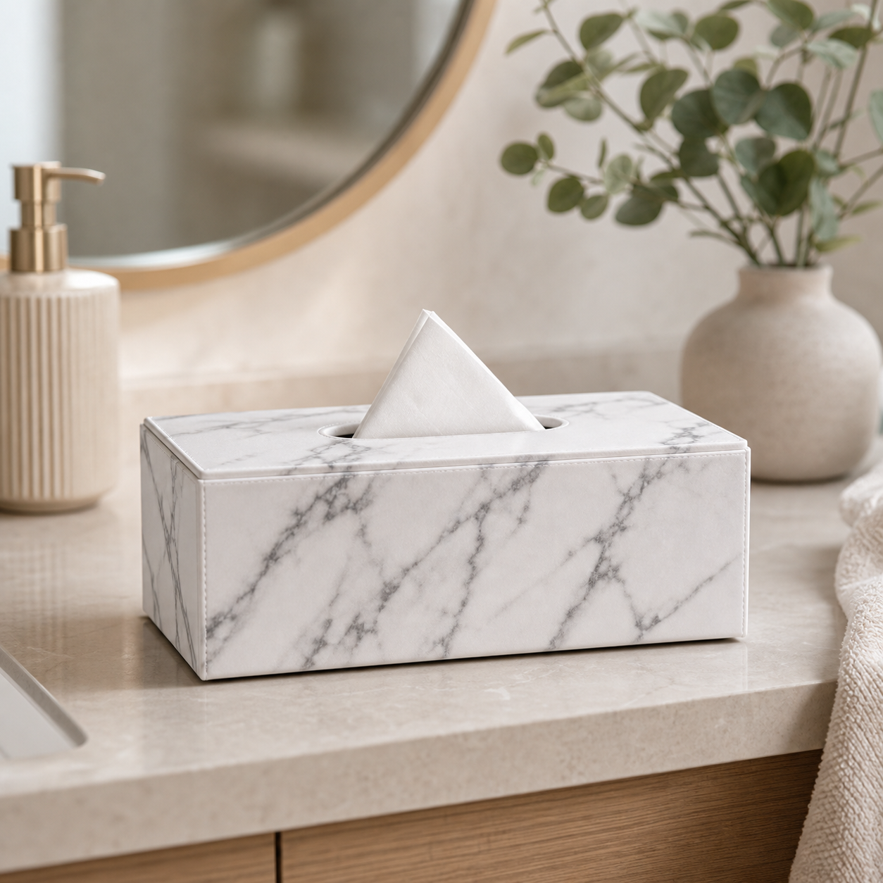 Cozy Haven Marble-Look Tissue Box Cover styled bathroom view 3