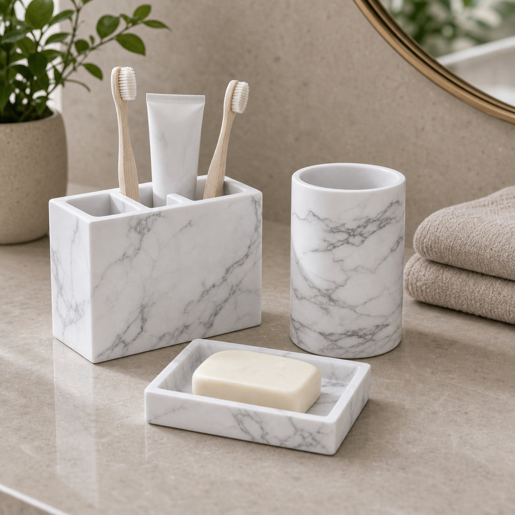 Cozy Haven Marble Resin Bathroom Accessories Collection lifestyle - 3-Piece Set