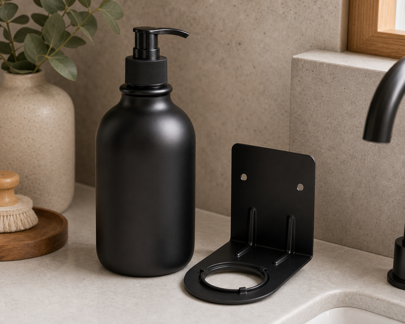 Cozy Haven Matte Black Soap Dispenser Tray Set - 1 Dispenser + Wall Holder