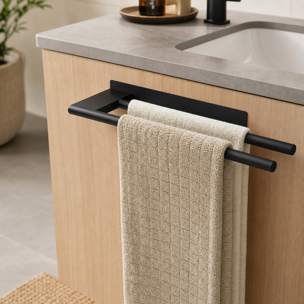 Cozy Haven No-Drill Towel Bar - black two-bar no-drill towel bar lifestyle