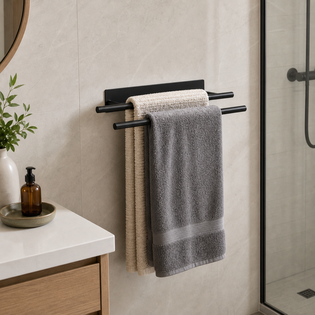 Cozy Haven No-Drill Towel Bar - black two-bar no-drill towel bar bathroom wall