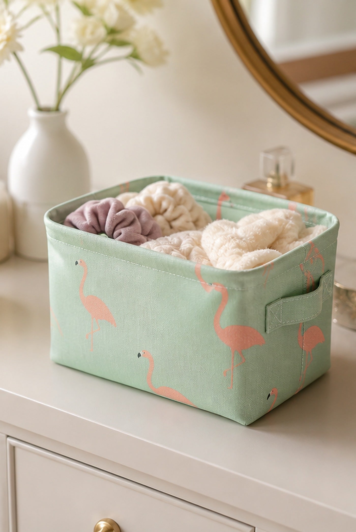 Cozy Haven Mint Flamingo Fabric Storage Bin lifestyle image 2