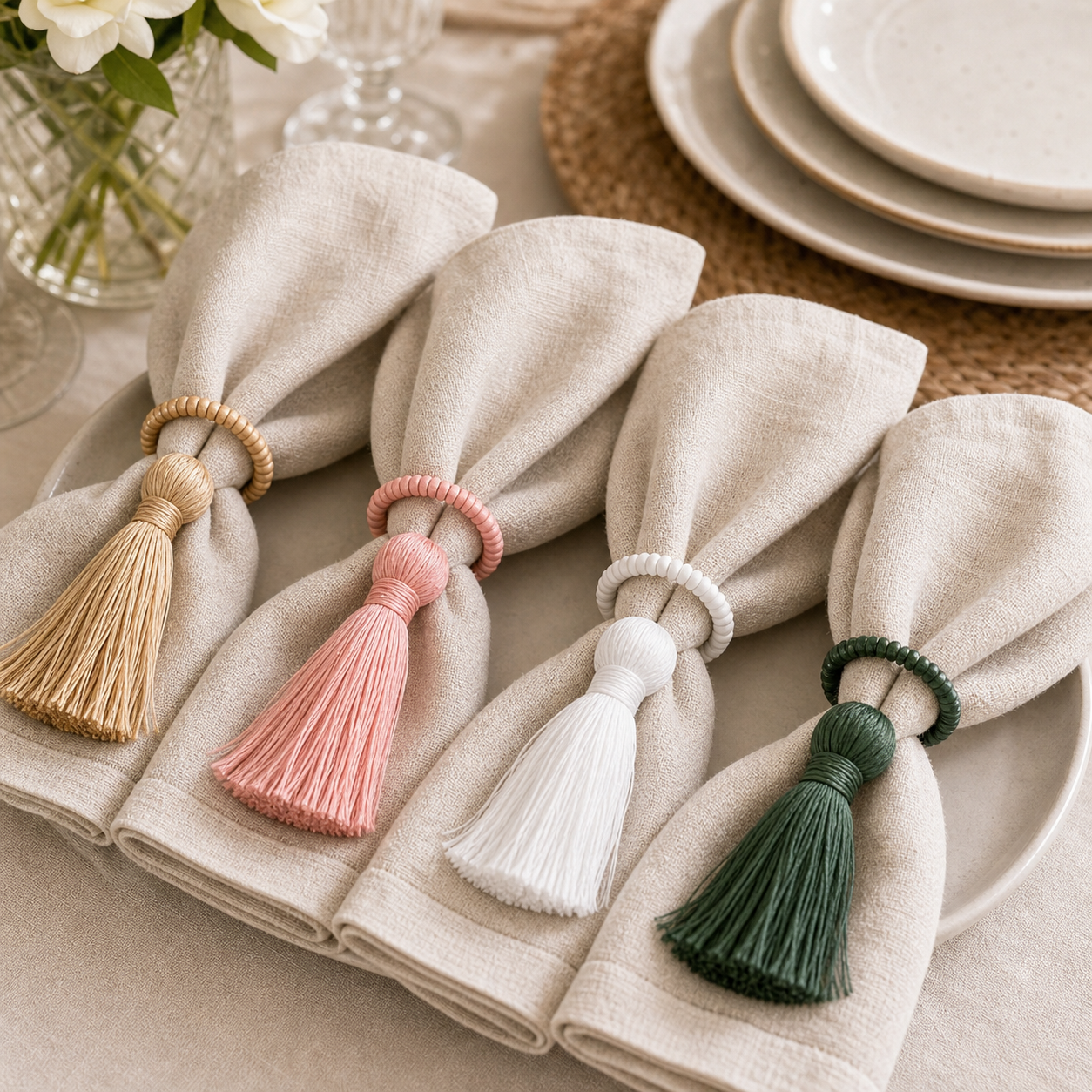 Cozy Haven Tassel Napkin Rings - 4 Piece Set - mix color tassel napkin rings 4-piece set