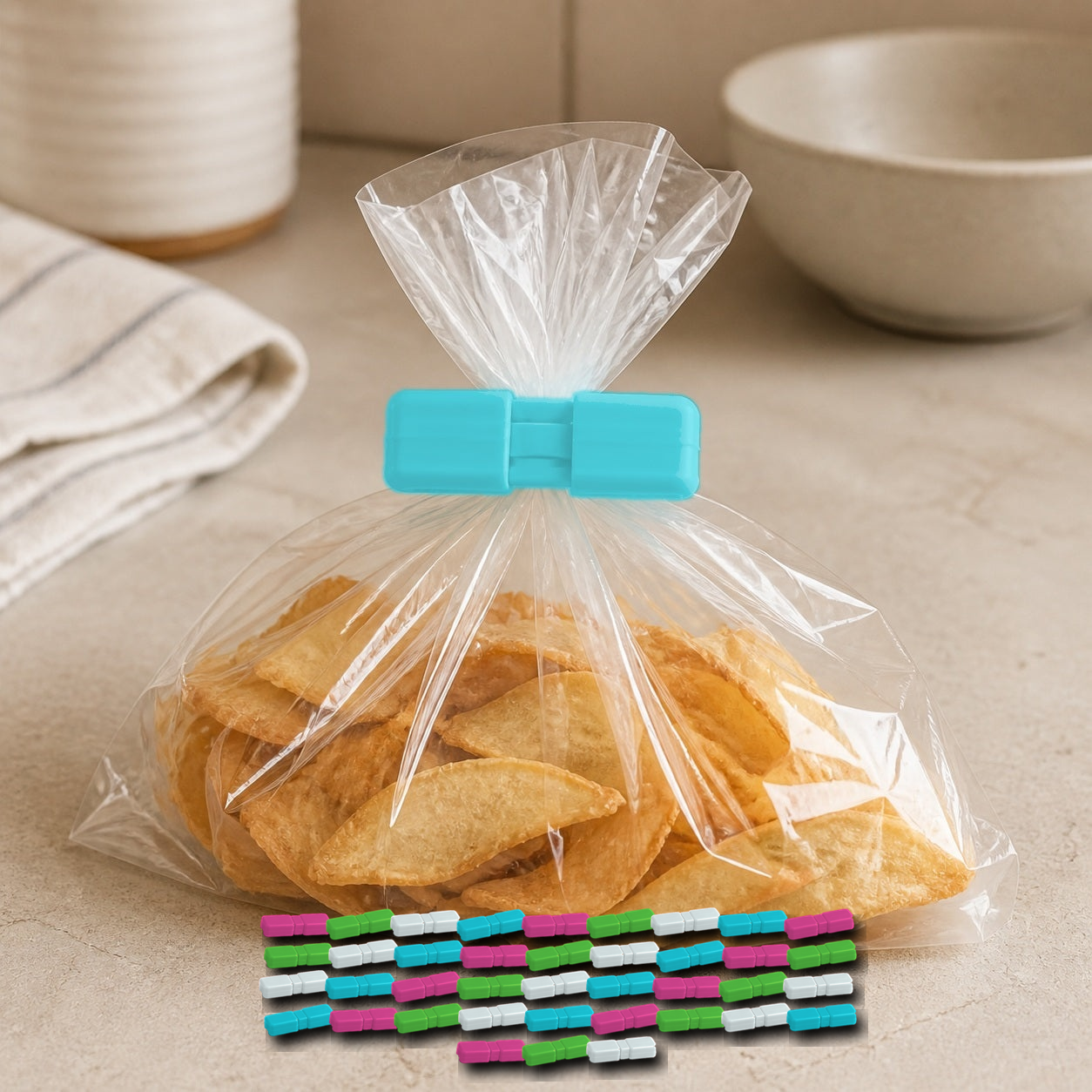 Cozy Haven Food Bag Sealing Clips - Mixed Colors - 40 Piece Set exact pack count on kitchen counter