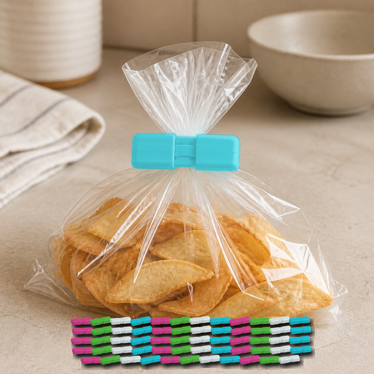 Cozy Haven Food Bag Sealing Clips - Mixed Colors - 60 Piece Set exact pack count on kitchen counter