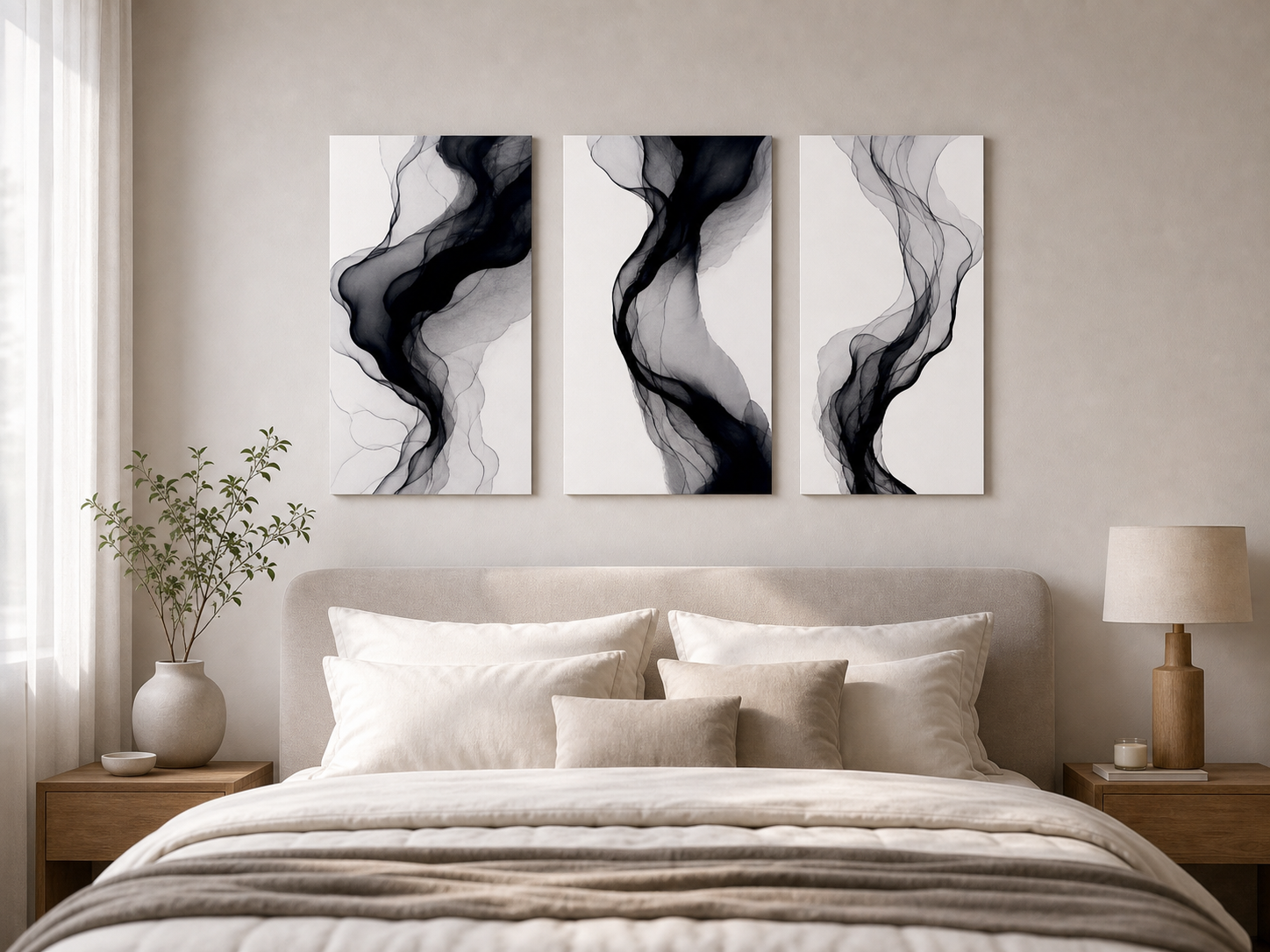 Cozy Haven Modern Abstract Canvas Wall Art Set - 3 Piece Black and White Framed Prints lifestyle image 1