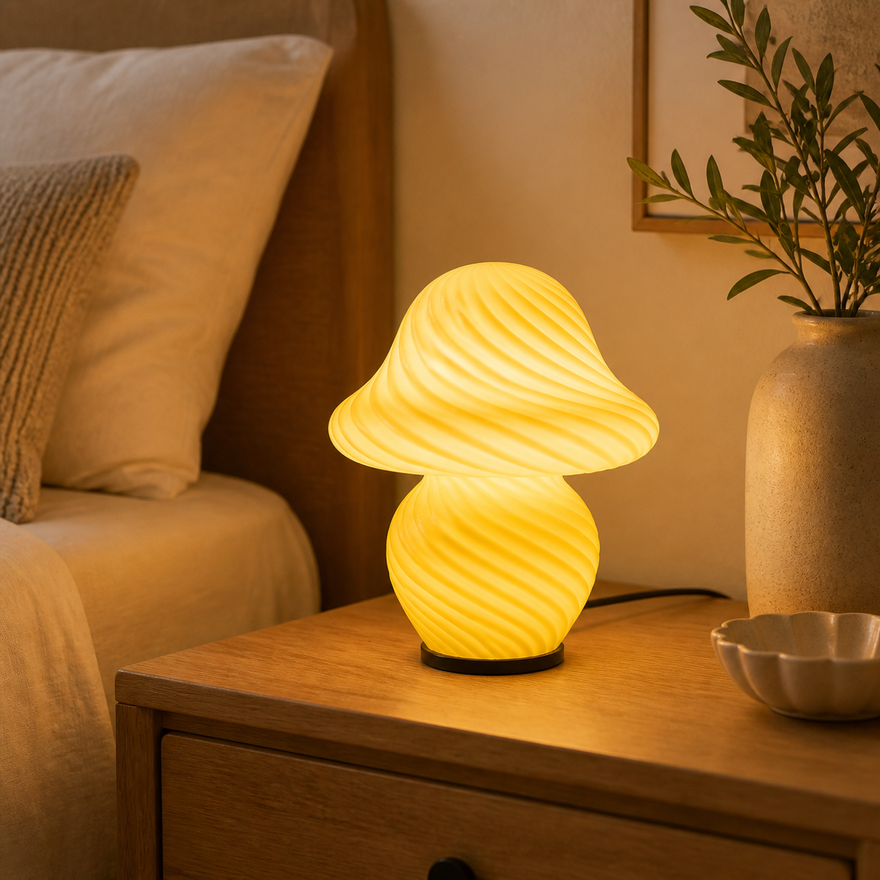 Cozy Haven Mushroom Pleated Bedside Table Lamp - Yellow