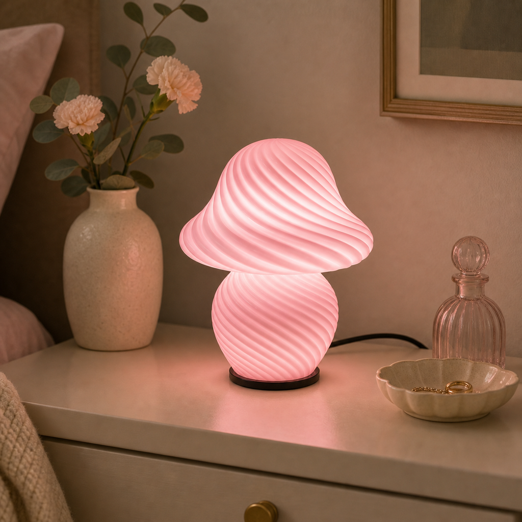 Cozy Haven Mushroom Pleated Bedside Table Lamp - Pink