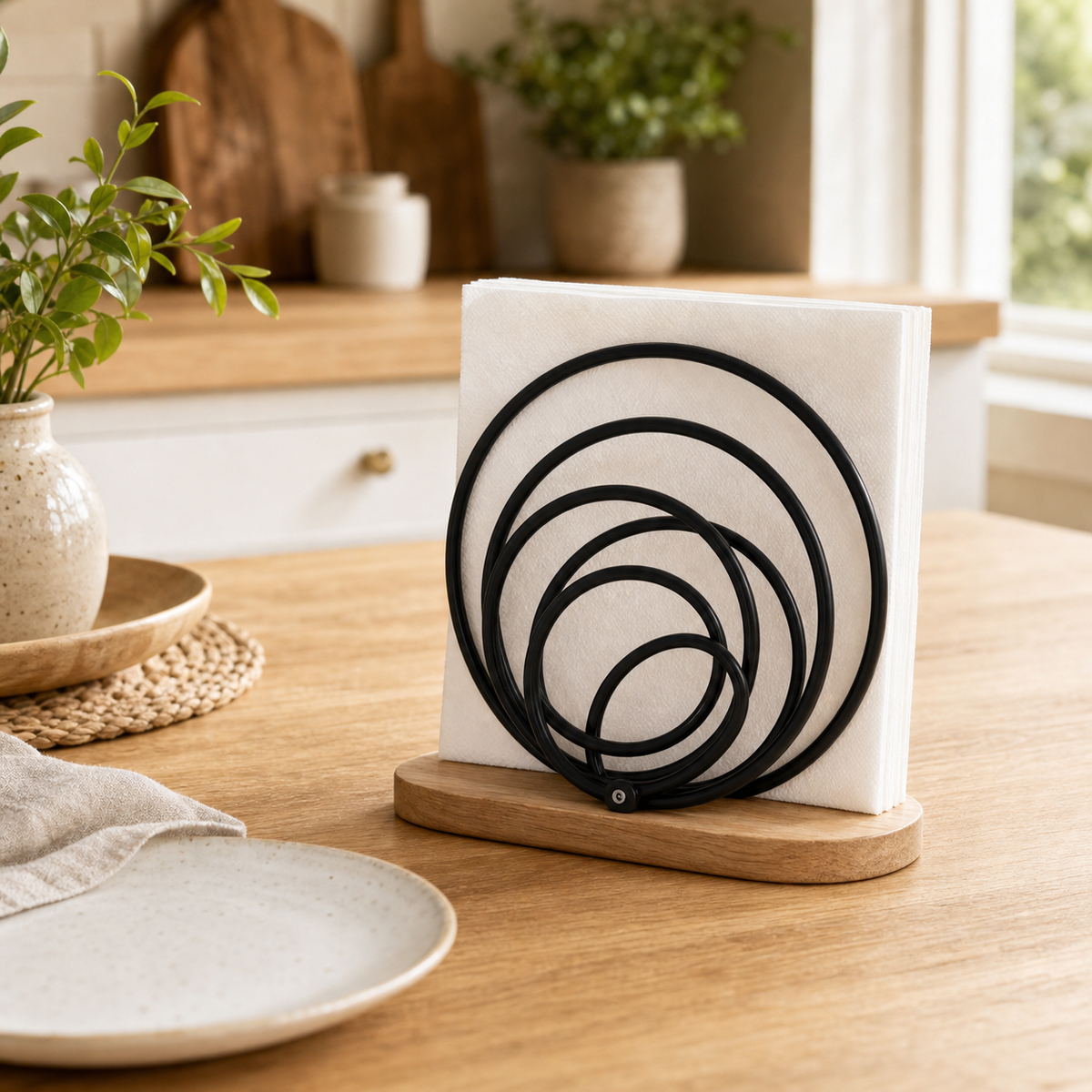 Cozy Haven Wood-Base Spiral Napkin Holder styled in a home setting