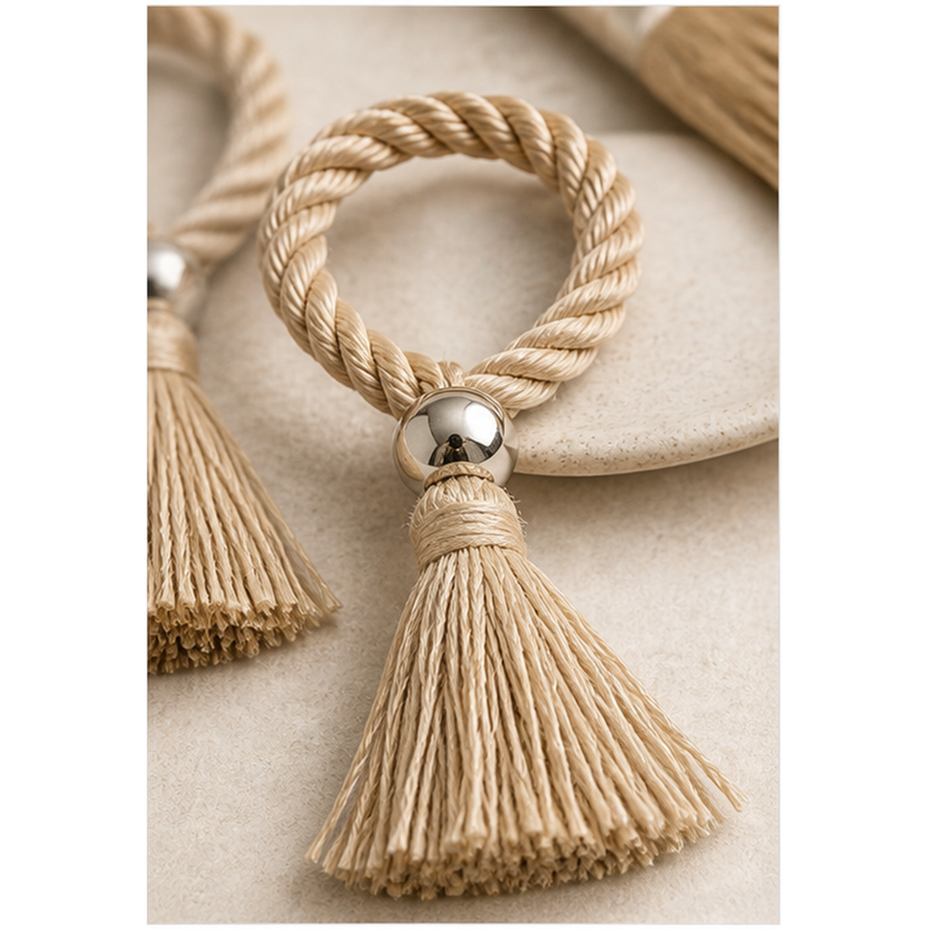 Cozy Haven Tassel Napkin Rings - 4 Piece Set - gold natural tassel napkin ring detail