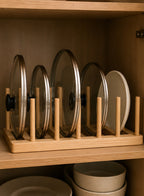 Cozy Haven Natural Wood Pot Lid Holder styled kitchen view 2