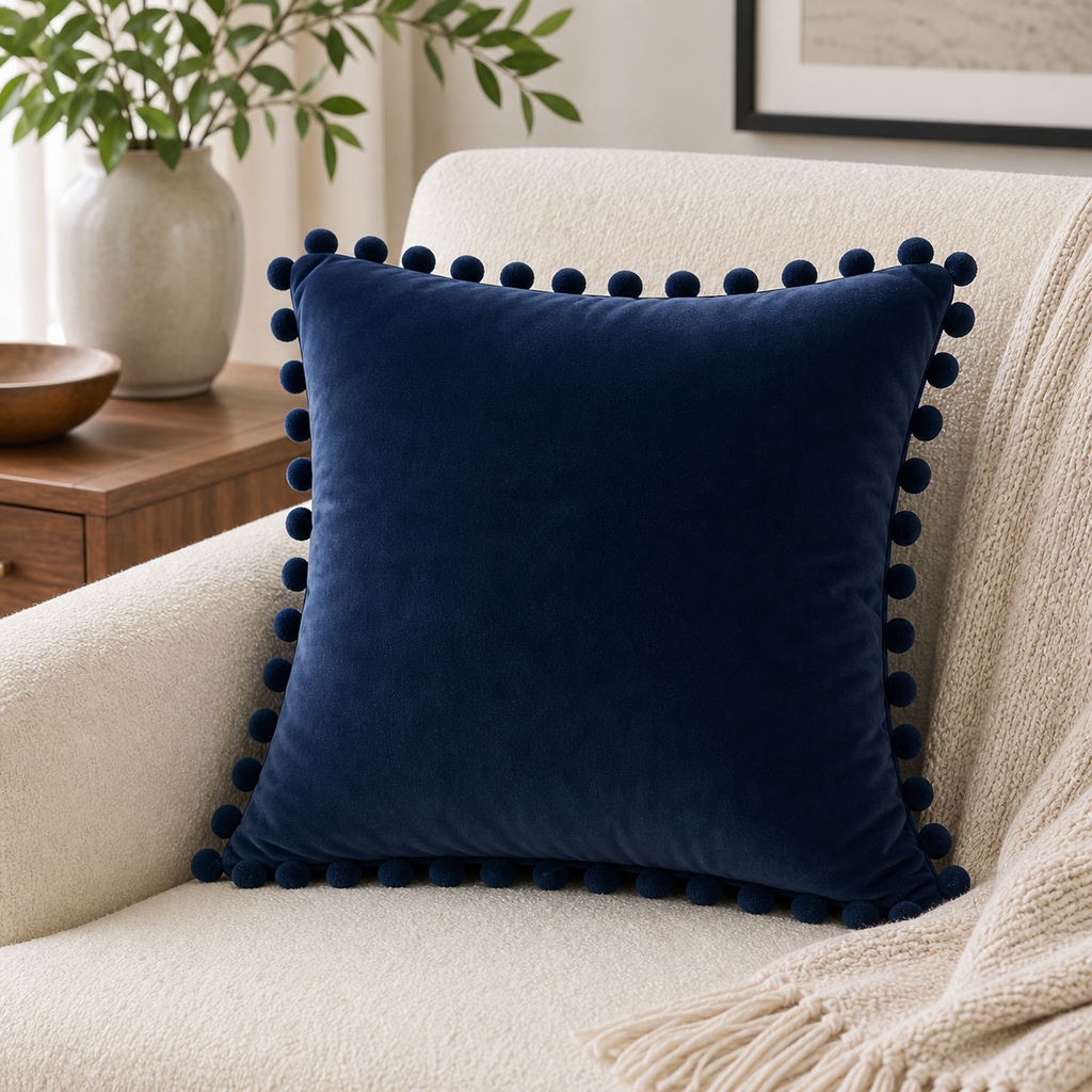 Cozy Haven Pom-Pom Velvet Pillow Cover - Navy Blue / 45 x 45 cm, Navy Blue / 40 x 40 cm