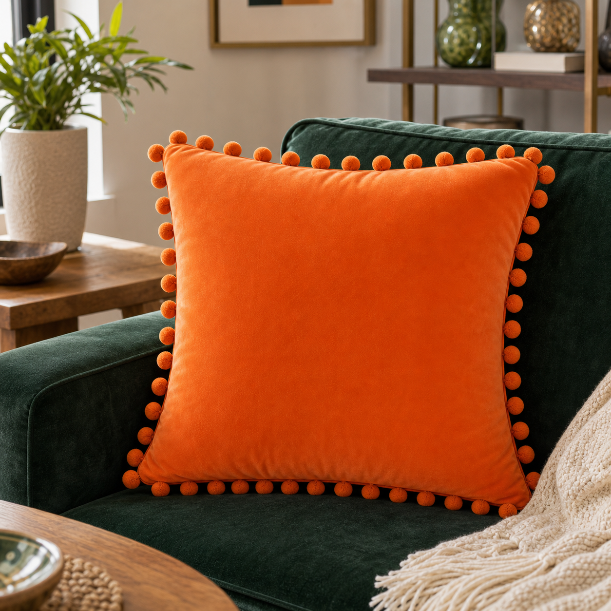 Cozy Haven Pom-Pom Velvet Pillow Cover - Coral Orange / 45 x 45 cm, Coral Orange / 40 x 40 cm
