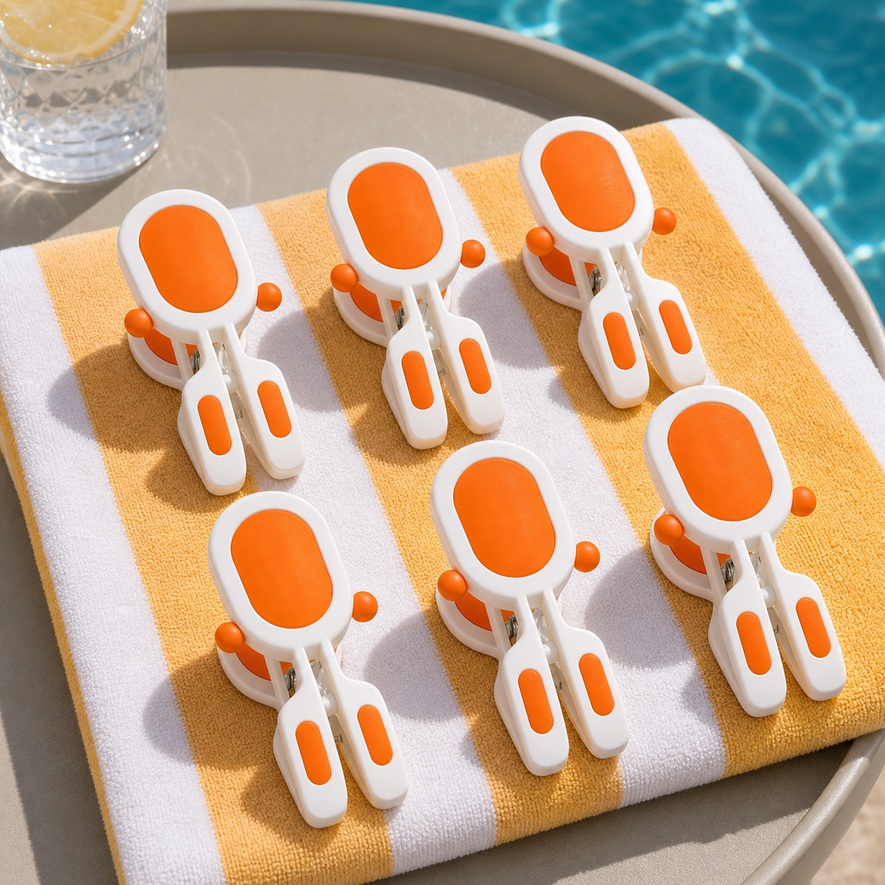 Cozy Haven Large Beach Towel Clips - orange 6-piece set on folded beach towel