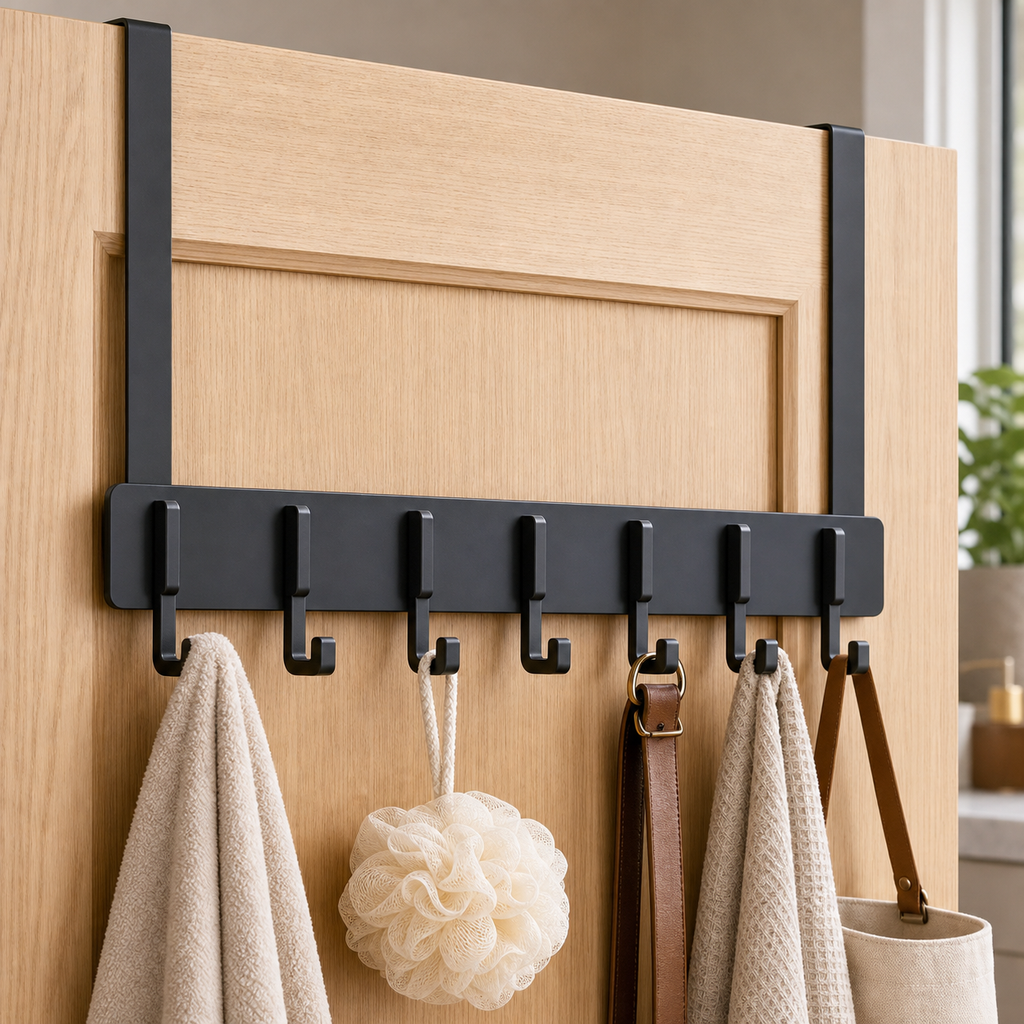 Over-door bathroom hook rack shown on a door