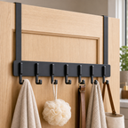 Over-door bathroom hook rack shown on a door