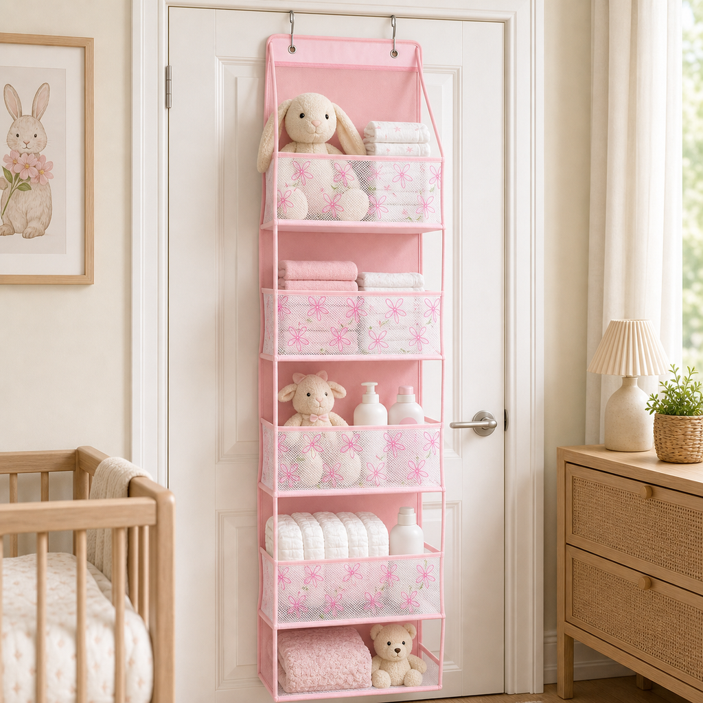 Cozy Haven Over-Door Nursery Pocket Organizer - pink five-pocket over-door nursery organizer single