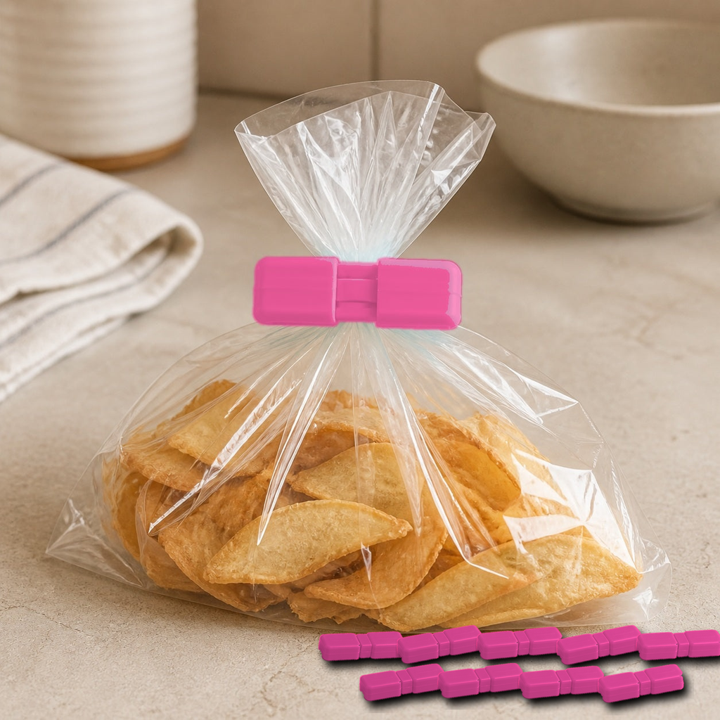 Cozy Haven Food Bag Sealing Clips - Pink - 10 Piece Set exact pack count on kitchen counter
