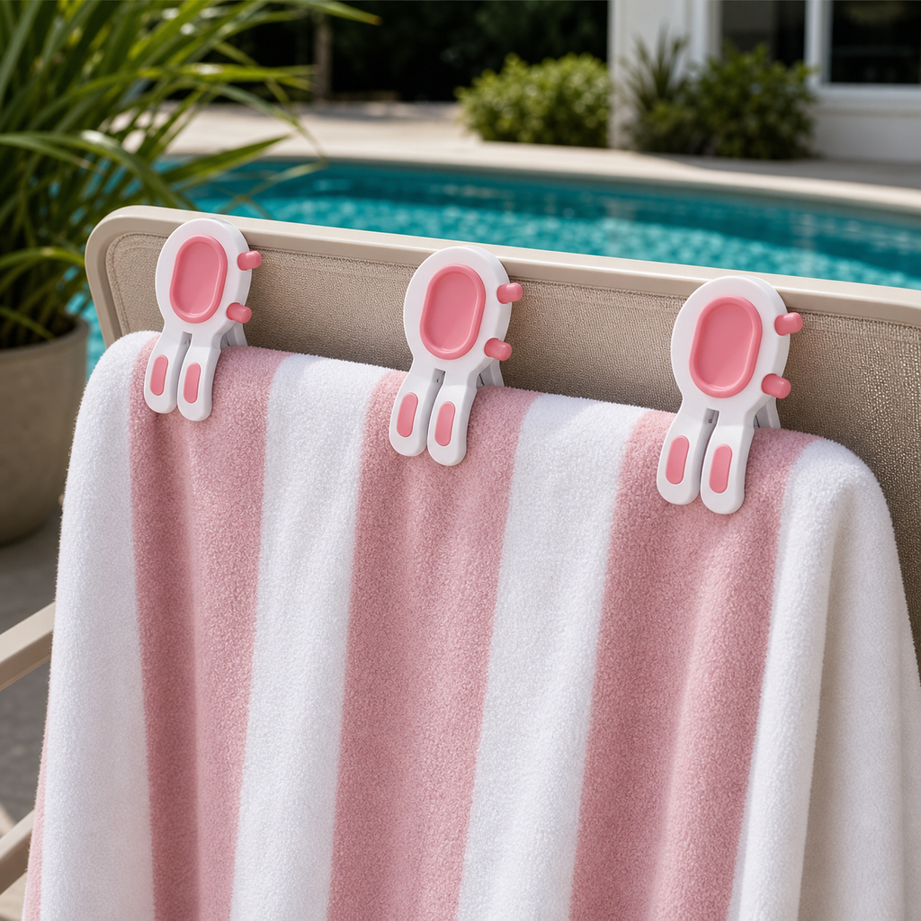 Cozy Haven Large Beach Towel Clips - pink 3-piece set clipped on beach towel