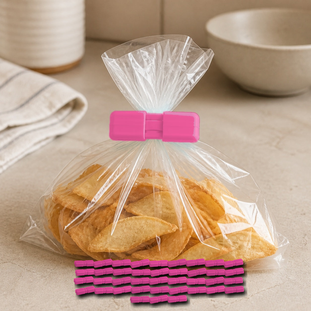Cozy Haven Food Bag Sealing Clips - Pink - 40 Piece Set exact pack count on kitchen counter