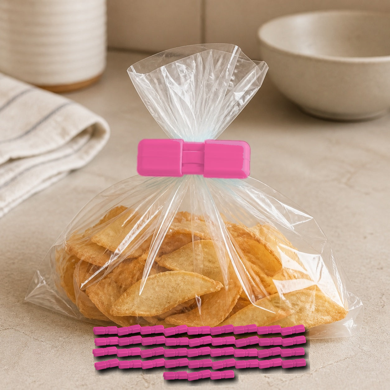 Cozy Haven Food Bag Sealing Clips - Pink - 40 Piece Set exact pack count on kitchen counter