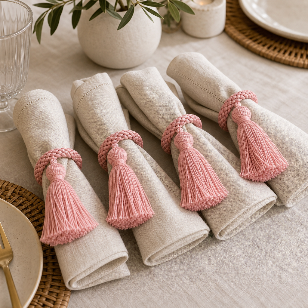 Cozy Haven Tassel Napkin Rings - 4 Piece Set - pink tassel napkin rings 4-piece set