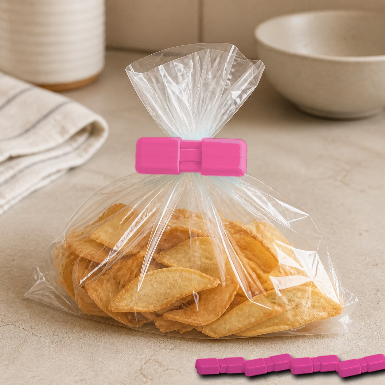 Cozy Haven Food Bag Sealing Clips - Pink - 5 Piece Set exact pack count on kitchen counter