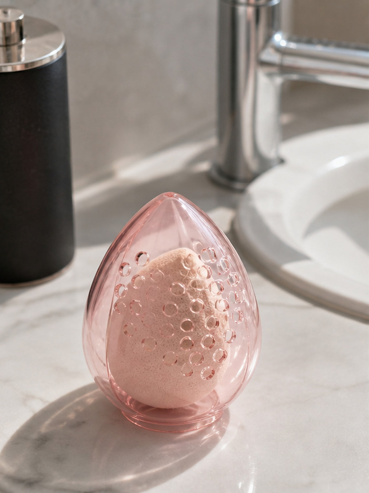 Cozy Haven Pink Ventilated Makeup Sponge Holder styled in a home setting