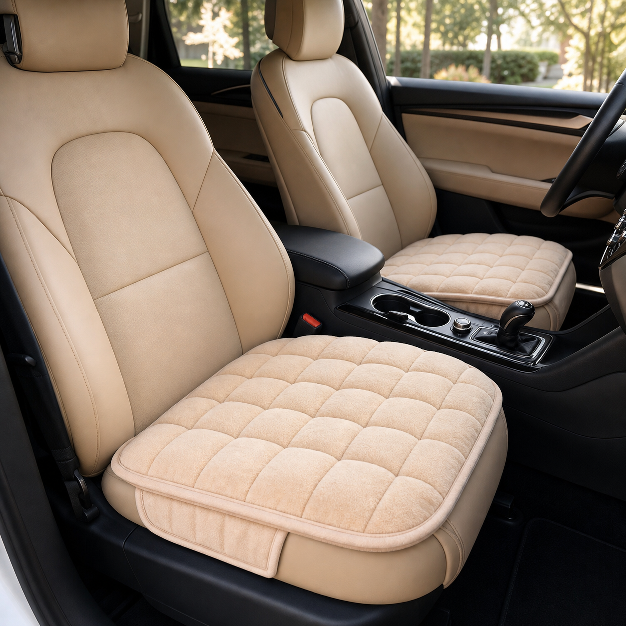 Cozy Haven Plush Car Seat Cushion - Beige Front Seat - 2 Pieces