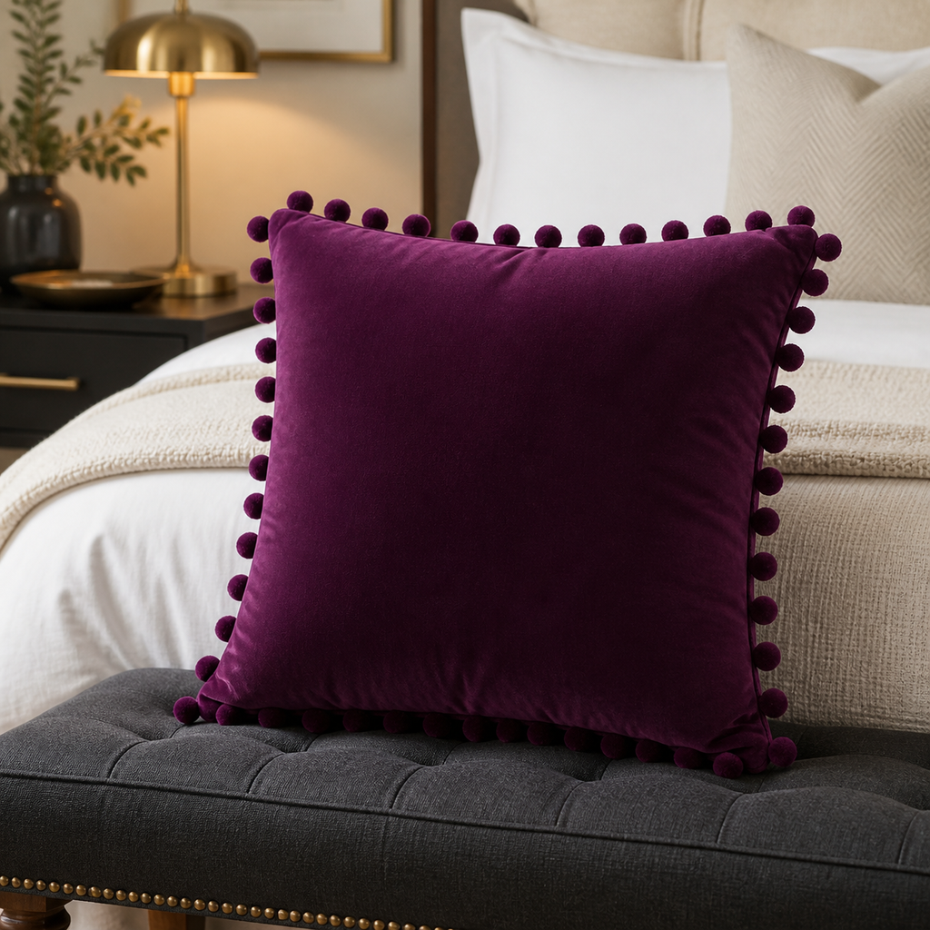 Cozy Haven Pom-Pom Velvet Pillow Cover - Plum Purple / 45 x 45 cm, Plum Purple / 40 x 40 cm