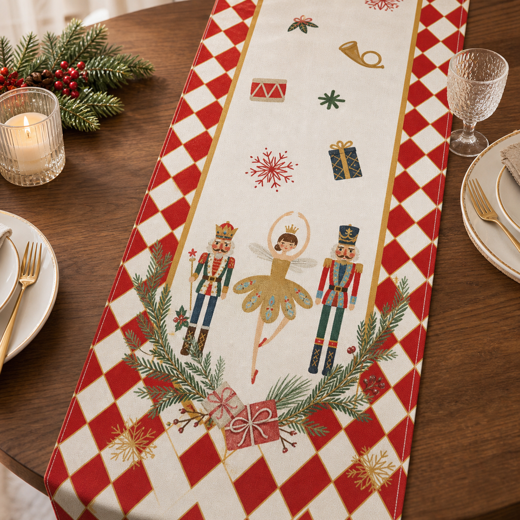 Nutcracker print linen table runner with red diamond border on a walnut dining table
