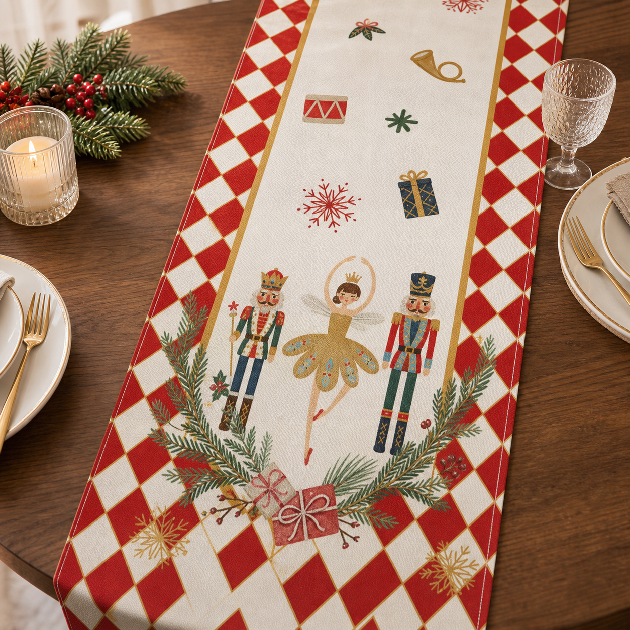 Nutcracker print linen table runner with red diamond border on a walnut dining table