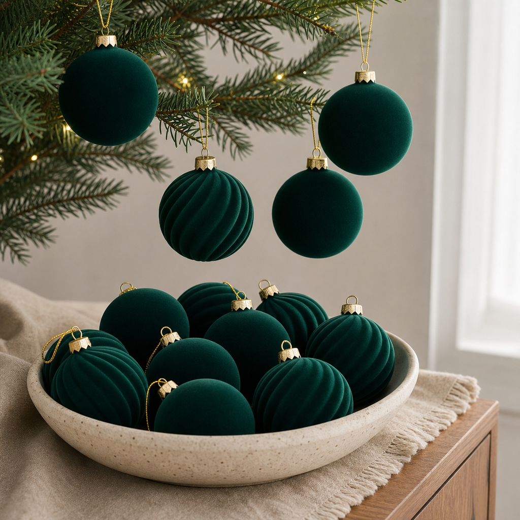 Emerald green velvet flocked ball ornaments in a ceramic bowl and on an evergreen branch