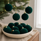 Emerald green velvet flocked ball ornaments in a ceramic bowl and on an evergreen branch