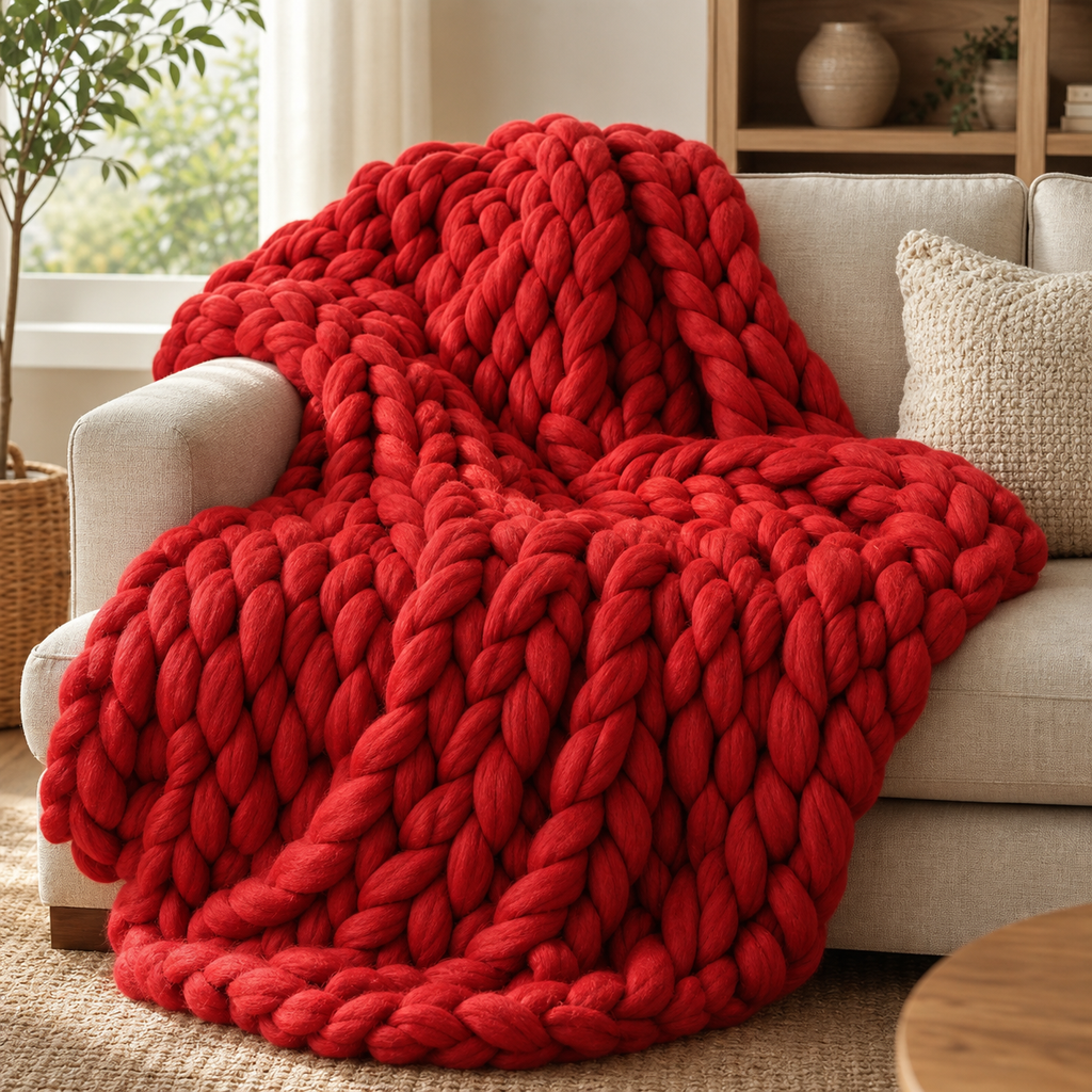 Cozy Haven Chunky Soft Knitted Throw Blanket - Red