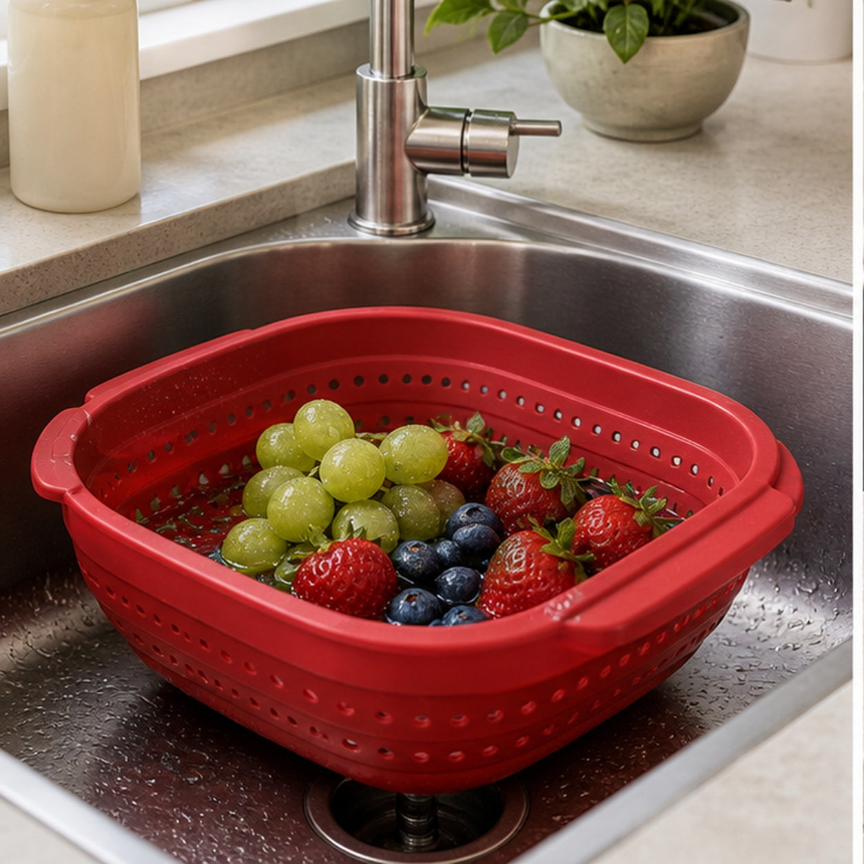 Cozy Haven Red Folding Silicone Sink Strainer Basket lifestyle image 1