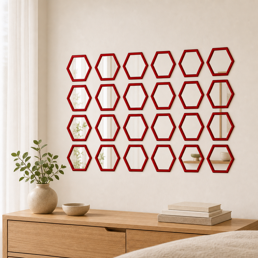 Cozy Haven 24-Piece Outline Hexagon Mirror Sticker Set - Red - Small (160 x 140 x 80 mm), Red - Large (200 x 173 x 100 mm)