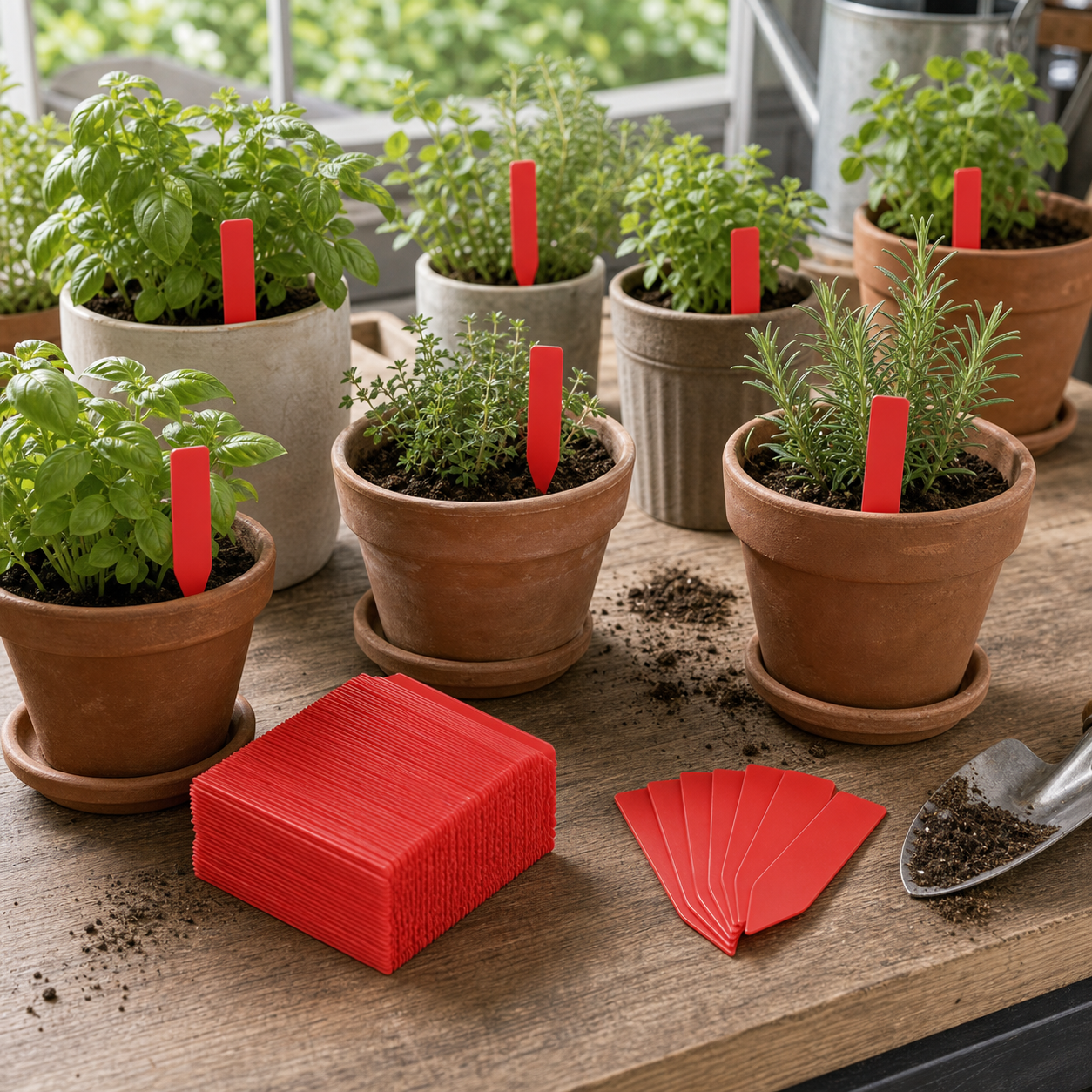 Cozy Haven Straight Plant Labels - 100 Piece Set lifestyle image 1 for Red / 5 x 1 cm - 100 Piece Set; Red / 10 x 2 cm - 100 Piece Set