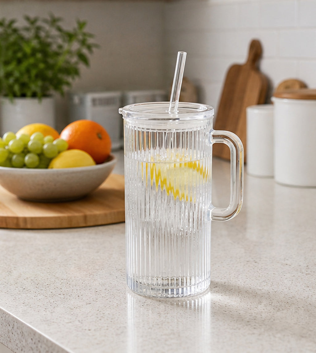Cozy Haven Ribbed Glass Cup with Lid and Straw lifestyle image 2