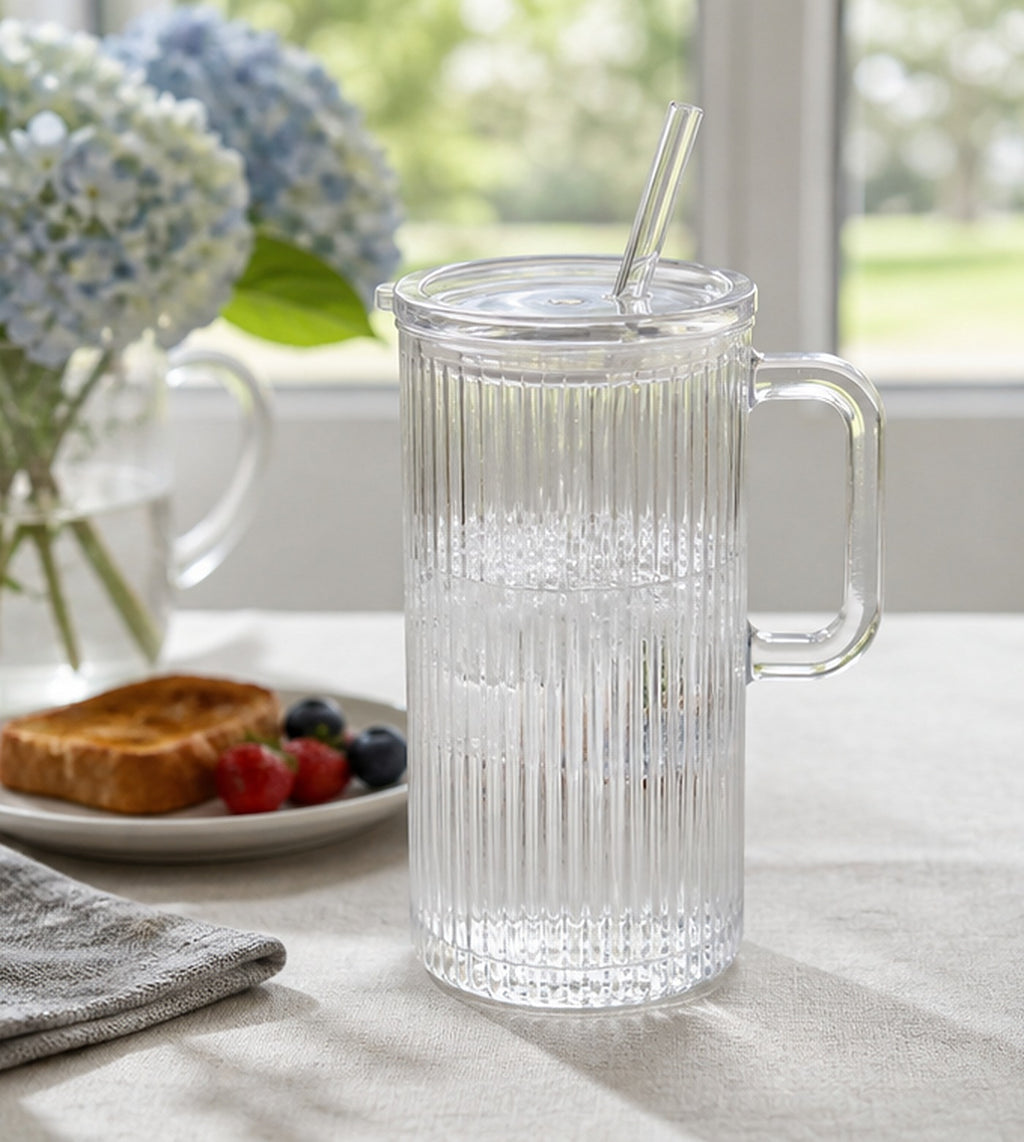 Cozy Haven Ribbed Glass Cup with Lid and Straw lifestyle image 3