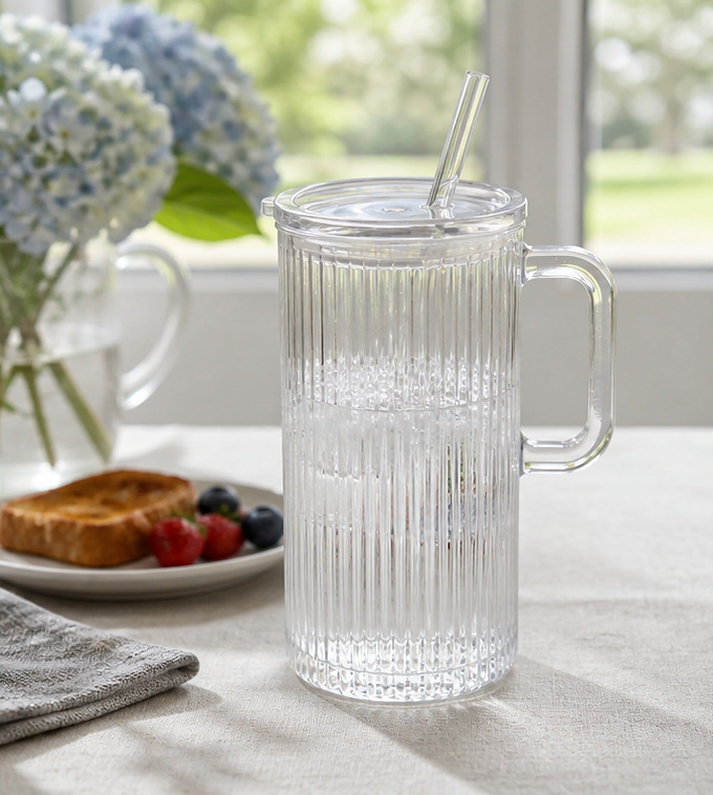 Cozy Haven Ribbed Glass Cup with Lid and Straw lifestyle image 3