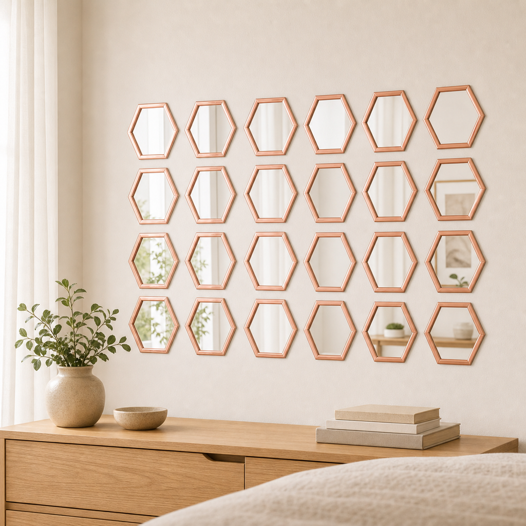 Cozy Haven 24-Piece Outline Hexagon Mirror Sticker Set - Rose Gold - Small (160 x 140 x 80 mm), Rose Gold - Large (200 x 173 x 100 mm)