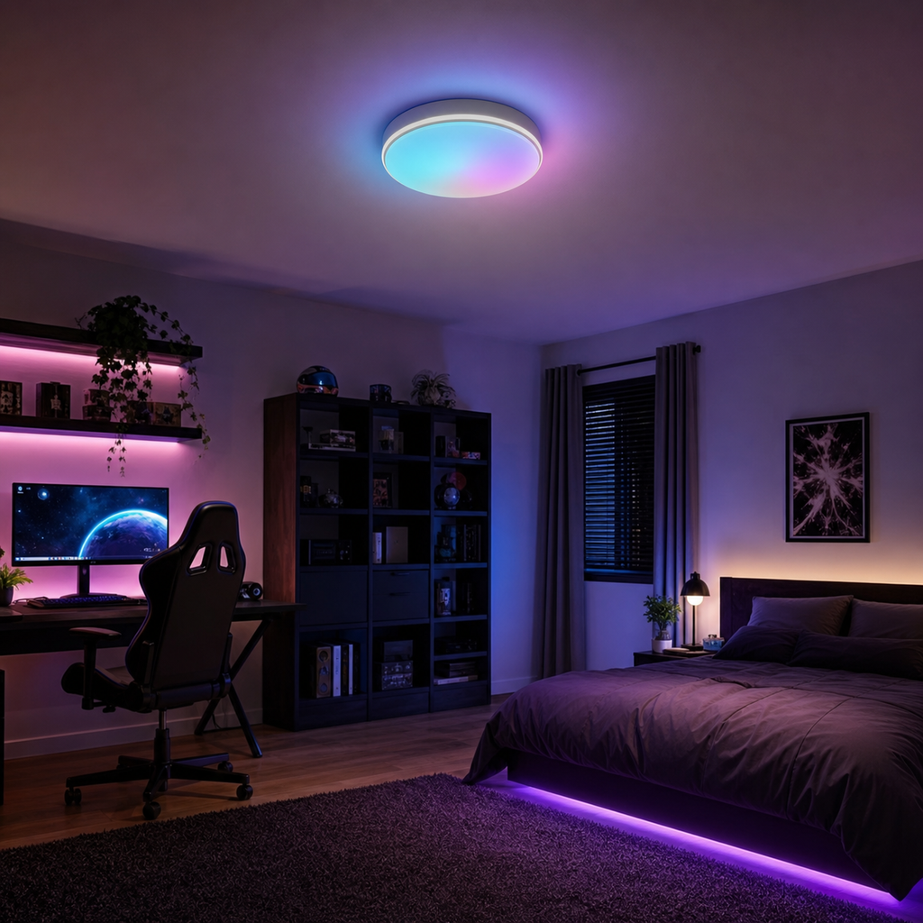 Cozy Haven Round LED Ceiling Light Collection lifestyle image 1 for Black / RGB / Remote; White / RGB / Remote; Black / RGB / 40W