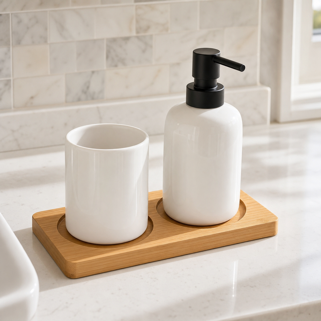 Cozy Haven White Ceramic Soap Dispenser Tray Set - product view 5