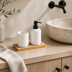 Cozy Haven White Ceramic Soap Dispenser Tray Set in a warm bathroom scene